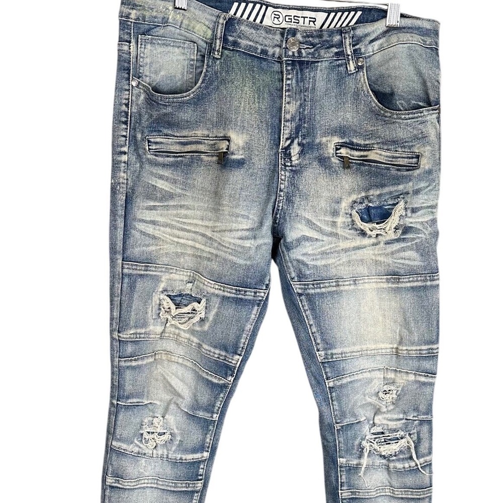 RGSTR Mens Distressed Biker Jeans Light Wash Moto Slim Fit Ripped Denim Size 34